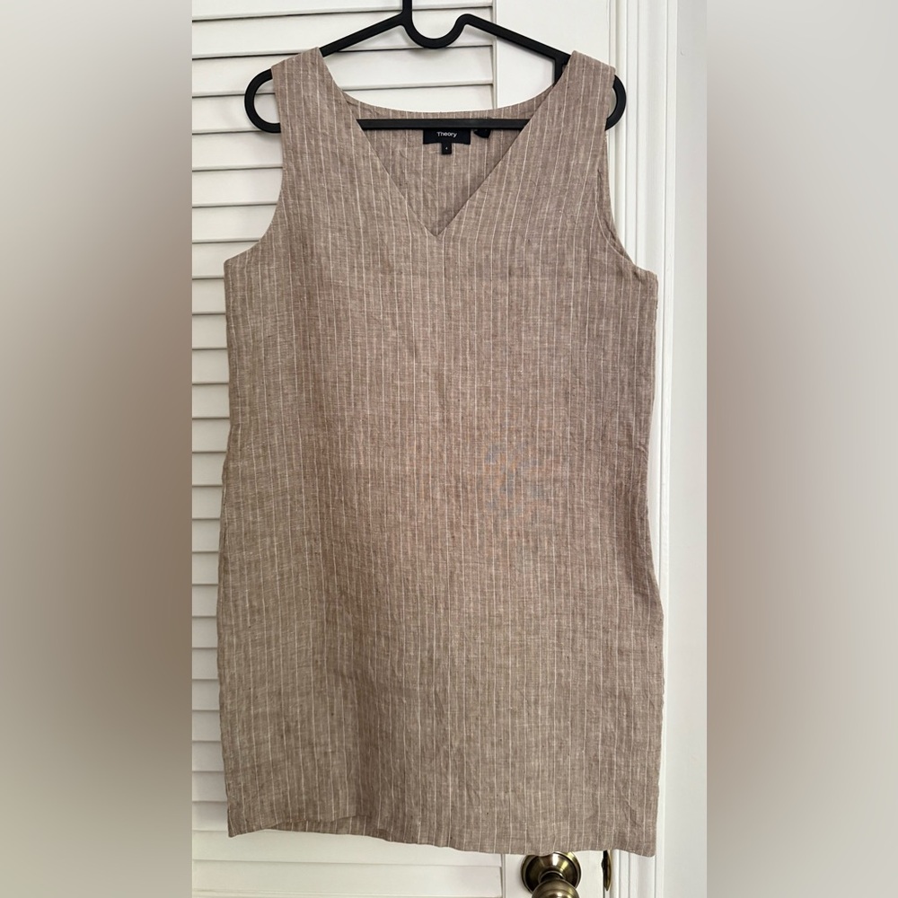 Theory Brown Linen Pinstripe Mini Dress